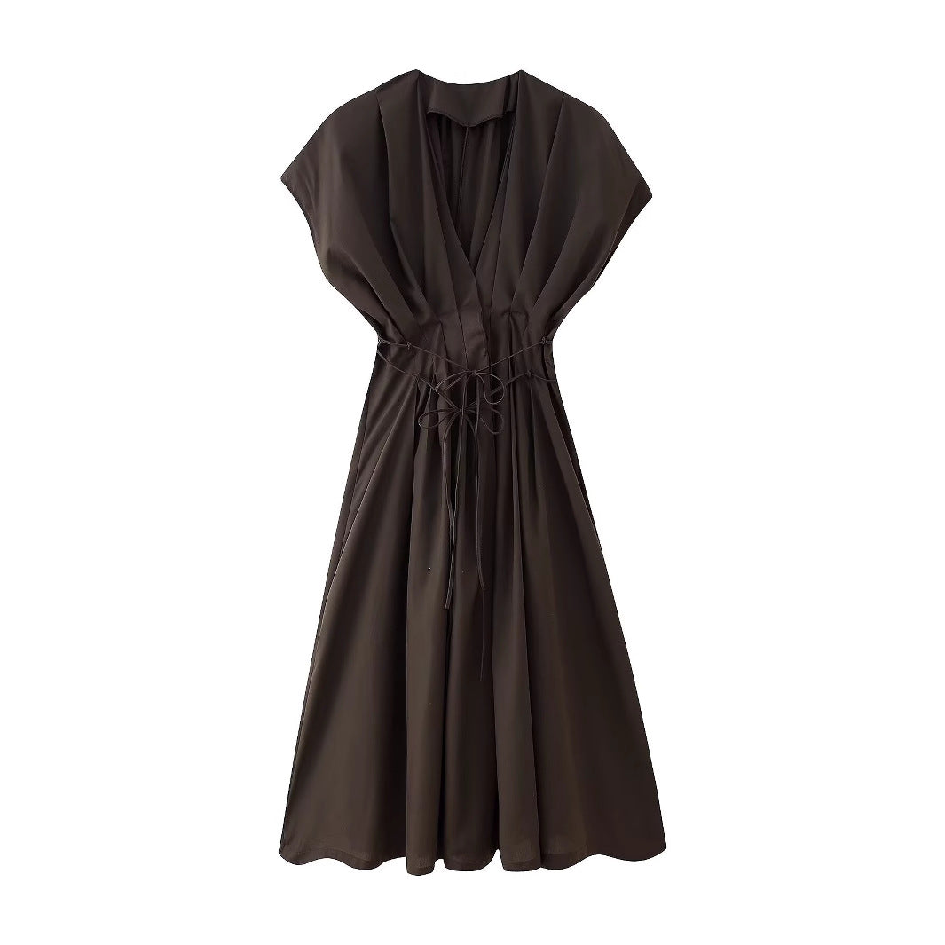 V-neck short sleeved waist cinched solid color A-line dress for women