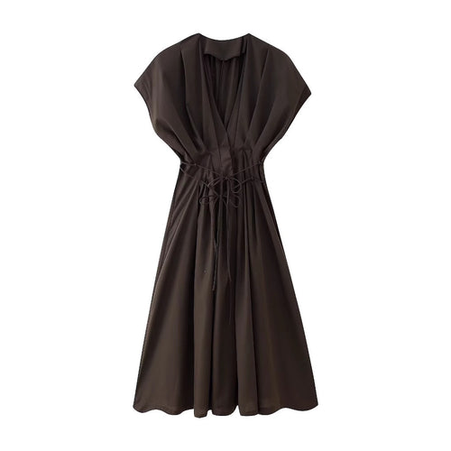 V-neck short sleeved waist cinched solid color A-line dress for women