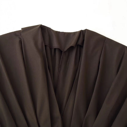 V-neck short sleeved waist cinched solid color A-line dress for women