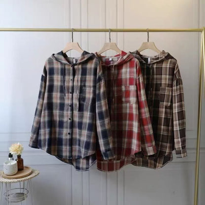Hooded Plaid Shirt for Women, Lazy Loose Casual Plus Size Long Sleeve Top Outerwear
