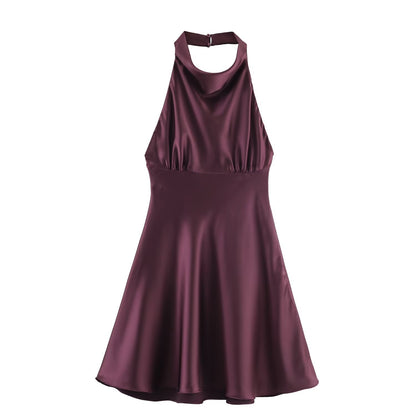 Hanging neck collar backless silk satin texture waist cinching dress for women