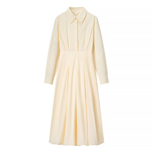 Collar long sleeved single breasted shirt solid color dress for women