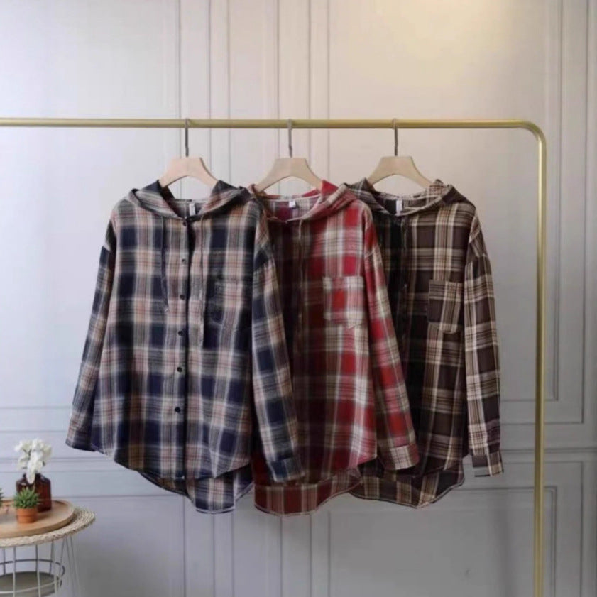 Hooded Plaid Shirt for Women, Lazy Loose Casual Plus Size Long Sleeve Top Outerwear