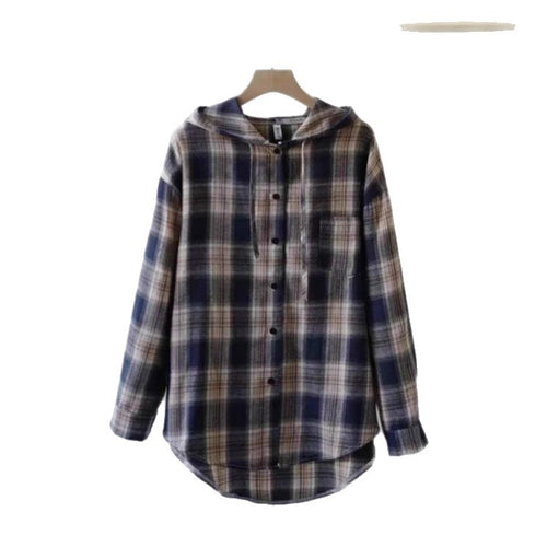 Hooded Plaid Shirt for Women, Lazy Loose Casual Plus Size Long Sleeve Top Outerwear