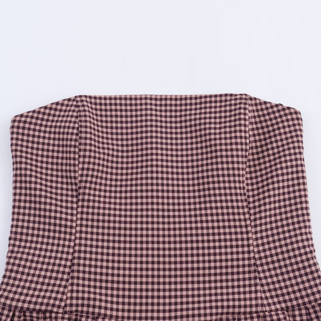 Strapless collar plaid waist cinching long dress for women