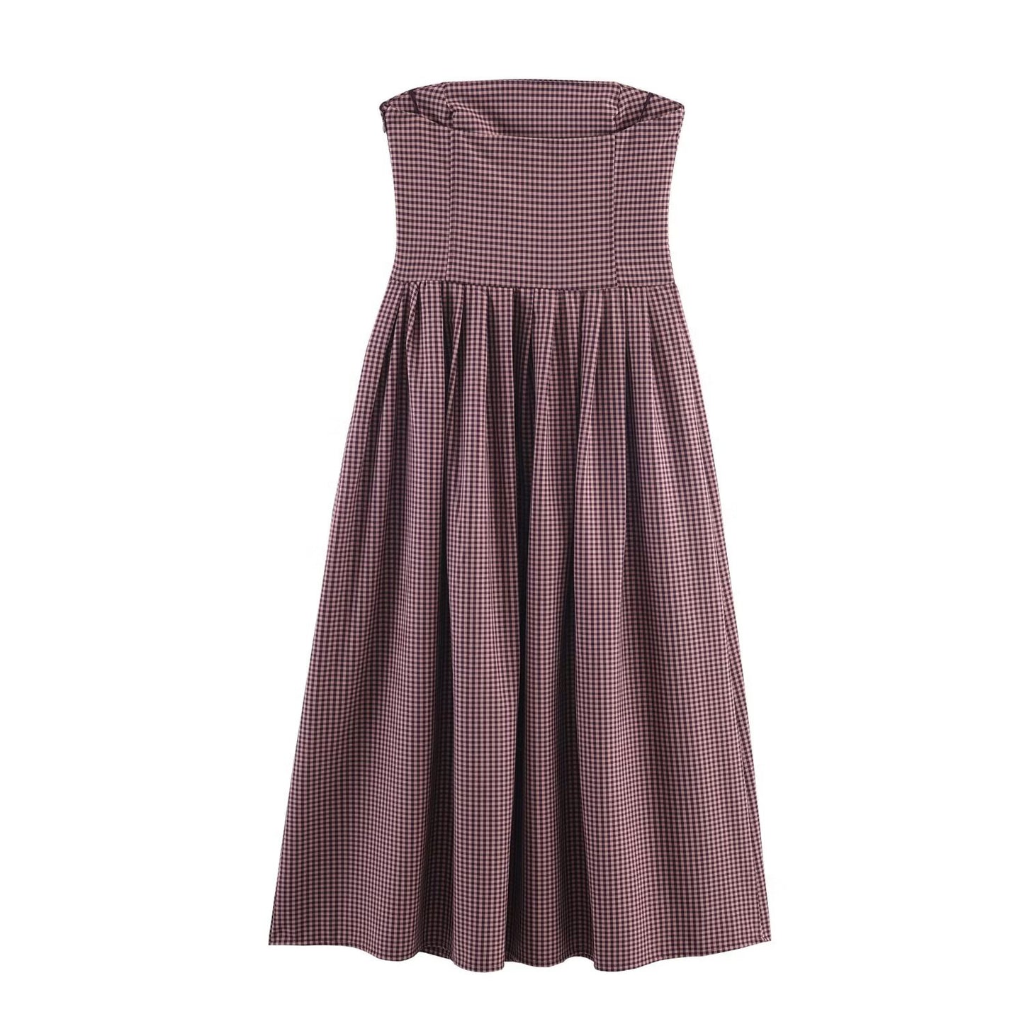 Strapless collar plaid waist cinching long dress for women