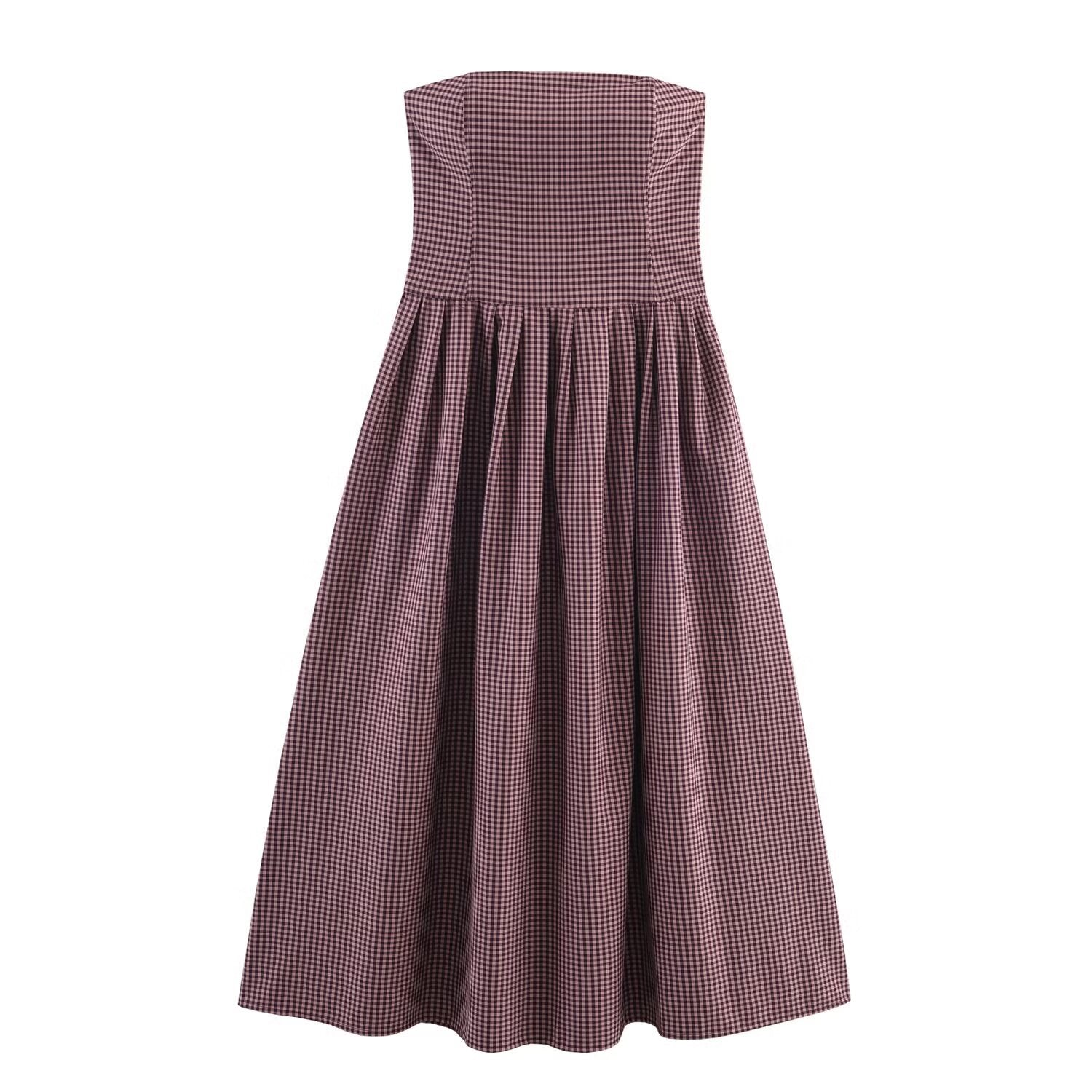 Strapless collar plaid waist cinching long dress for women