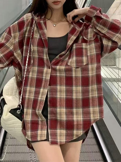 Hooded Plaid Shirt for Women, Lazy Loose Casual Plus Size Long Sleeve Top Outerwear
