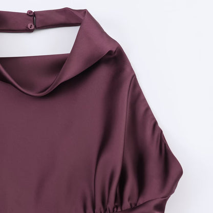 Hanging neck collar backless silk satin texture waist cinching dress for women
