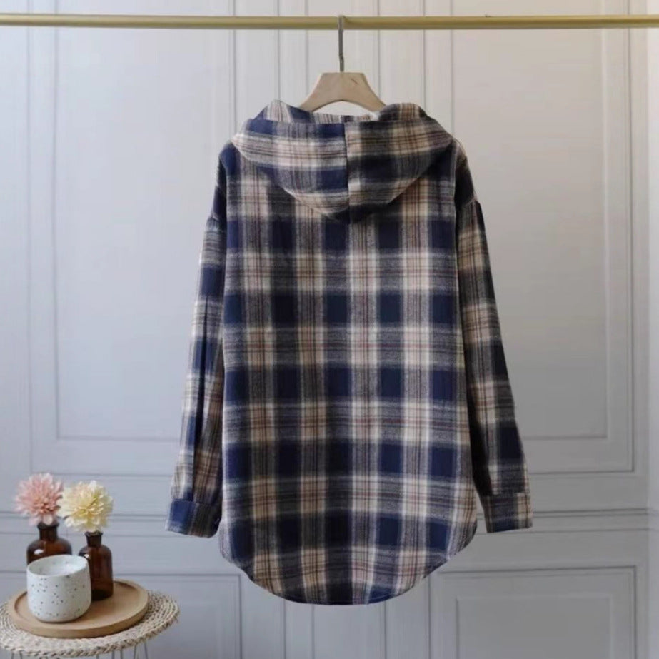 Hooded Plaid Shirt for Women, Lazy Loose Casual Plus Size Long Sleeve Top Outerwear