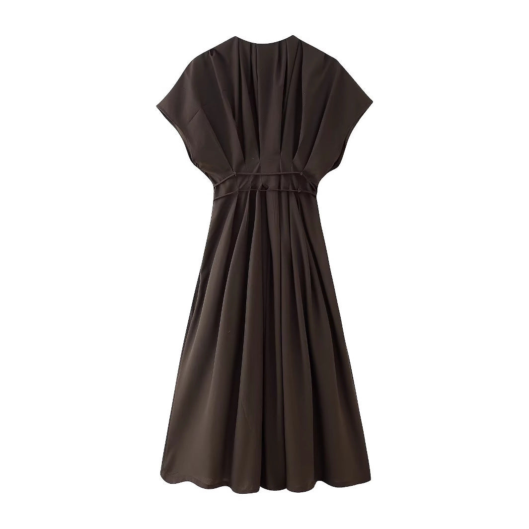 V-neck short sleeved waist cinched solid color A-line dress for women