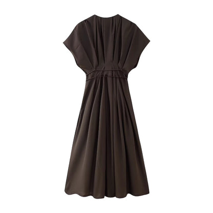 V-neck short sleeved waist cinched solid color A-line dress for women