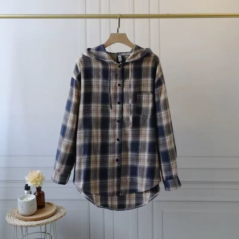 Hooded Plaid Shirt for Women, Lazy Loose Casual Plus Size Long Sleeve Top Outerwear