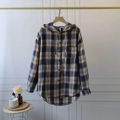 Hooded Plaid Shirt for Women, Lazy Loose Casual Plus Size Long Sleeve Top Outerwear