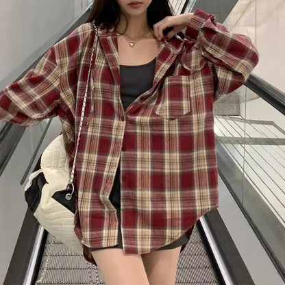 Hooded Plaid Shirt for Women, Lazy Loose Casual Plus Size Long Sleeve Top Outerwear