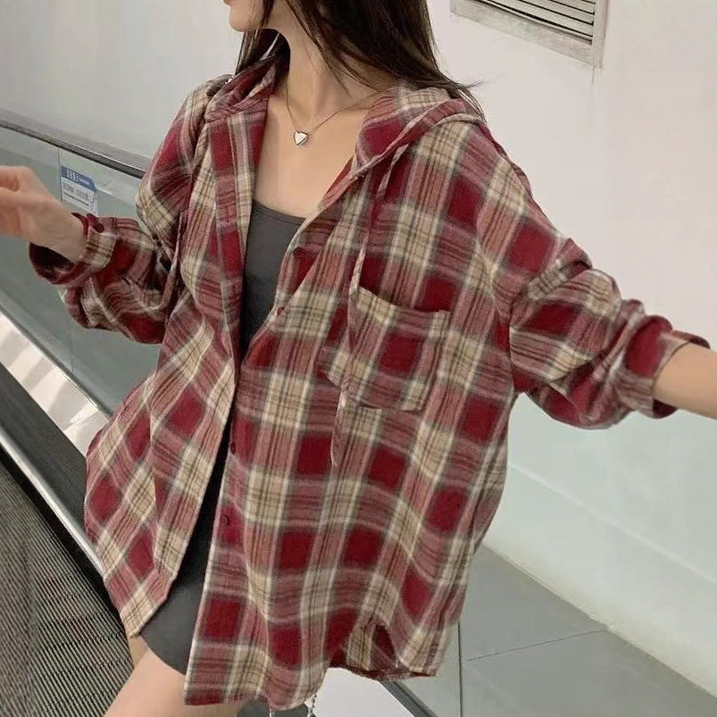 Hooded Plaid Shirt for Women, Lazy Loose Casual Plus Size Long Sleeve Top Outerwear